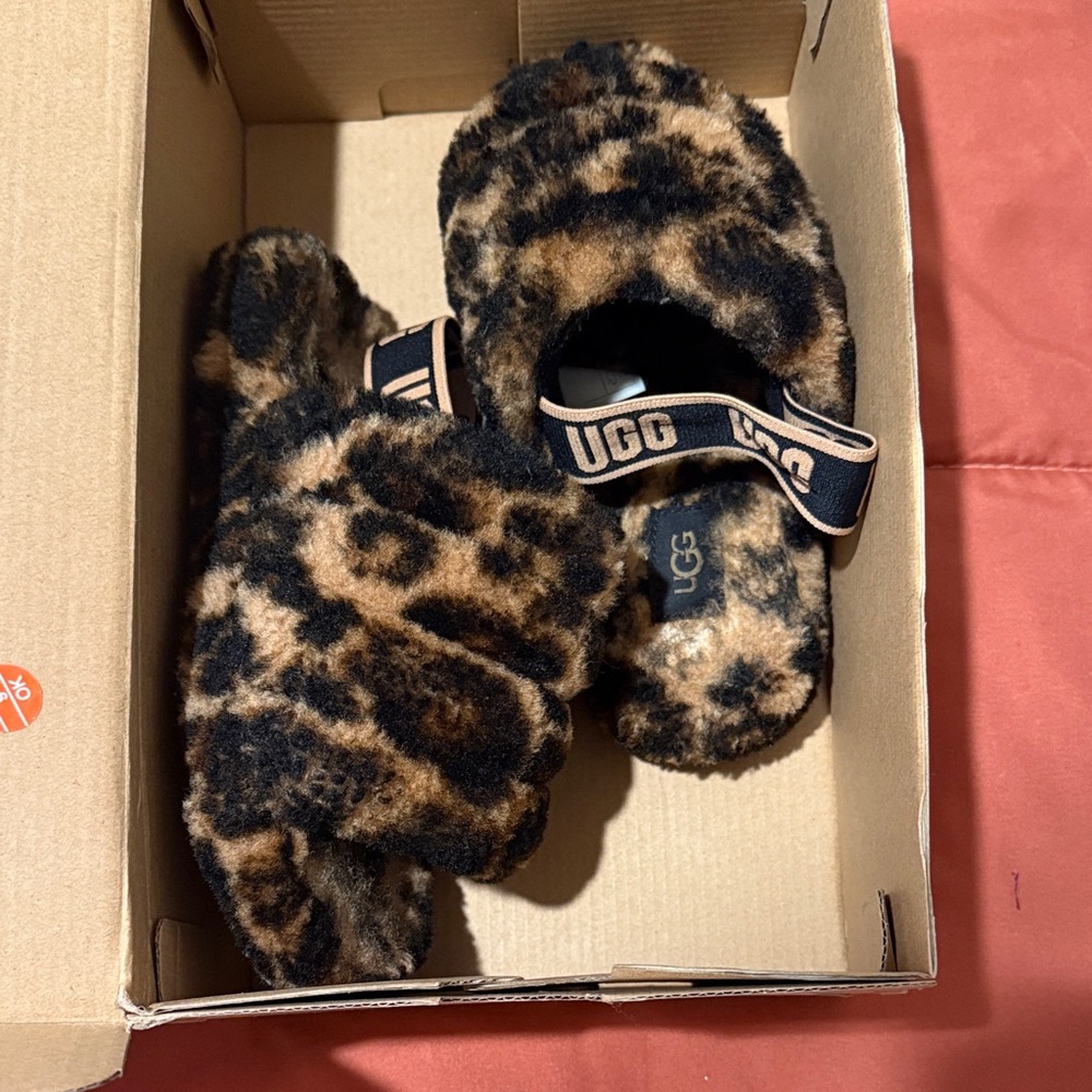 UGG Tan and Black Fluffy Slippers